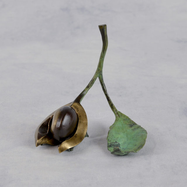 Single Conker with Leaf Solid Bronze Sculpture by Mike Simpson