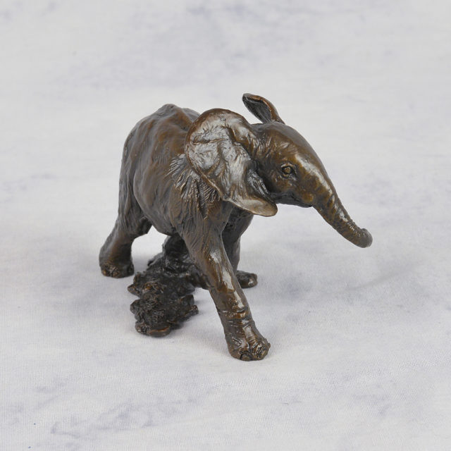 Baby Elephant Running Solid Bronze Sculpture by Keith Sherwin