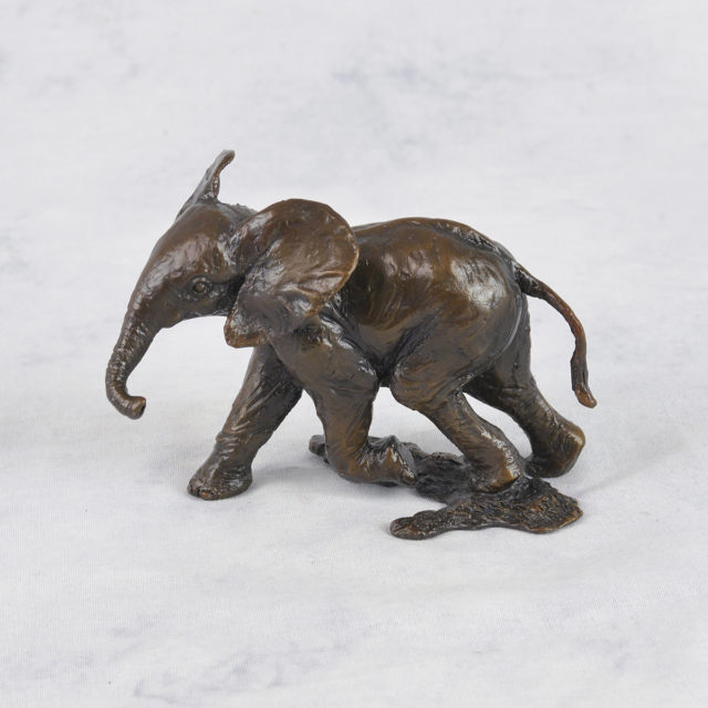 Baby Elephant Running Solid Bronze Sculpture by Keith Sherwin