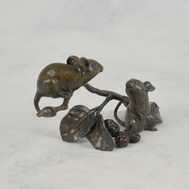 Mice with Berries Solid Bronze Sculpture by Mike Simpson