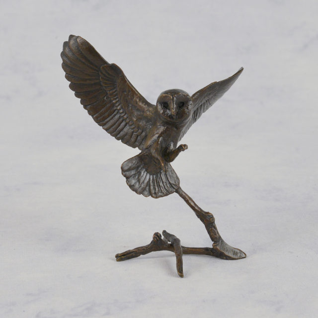 Barn Owl in Flight Solid Bronze Sculpture by Mike Simpson