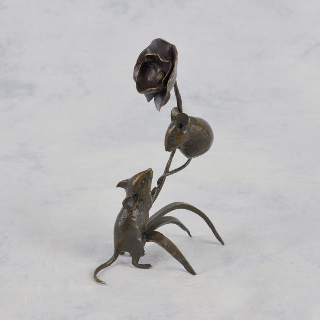 Mice with Poppy Solid Bronze Sculpture by Mike Simpson
