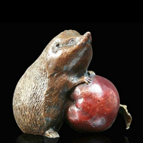 Hedgehog With Apple Solid Bronze Sculpture by Mike Simpson