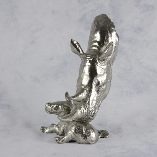 Rhino Mother & Baby Nickel Resin Sculpture by Keith Sherwin