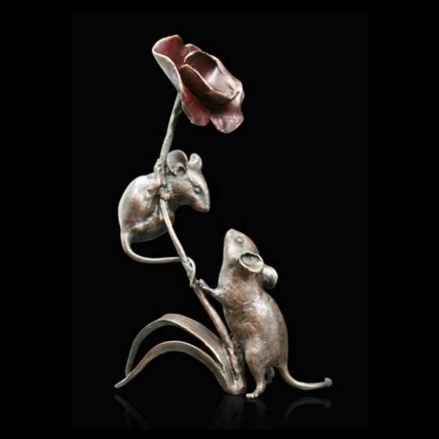 Mice with Poppy Solid Bronze Sculpture by Mike Simpson 954