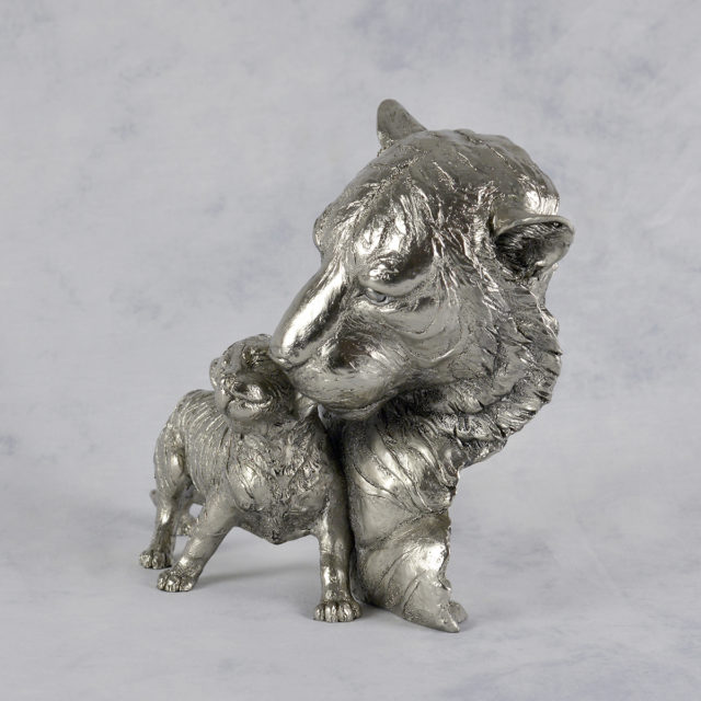 Tiger Mother & Baby Nickel Resin Sculpture by Keith Sherwin