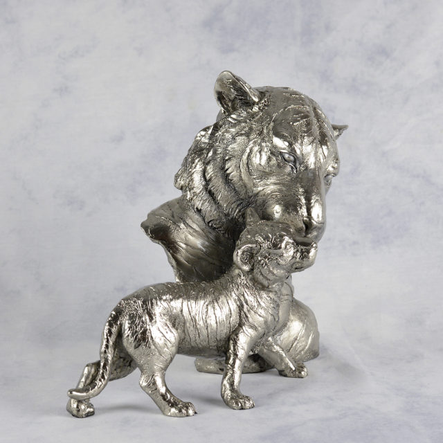 Tiger Mother & Baby Nickel Resin Sculpture by Keith Sherwin