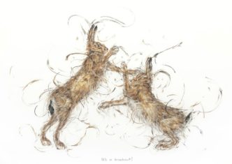 it's A Knockout by Aaminah Snowdon hares, fighting hare art