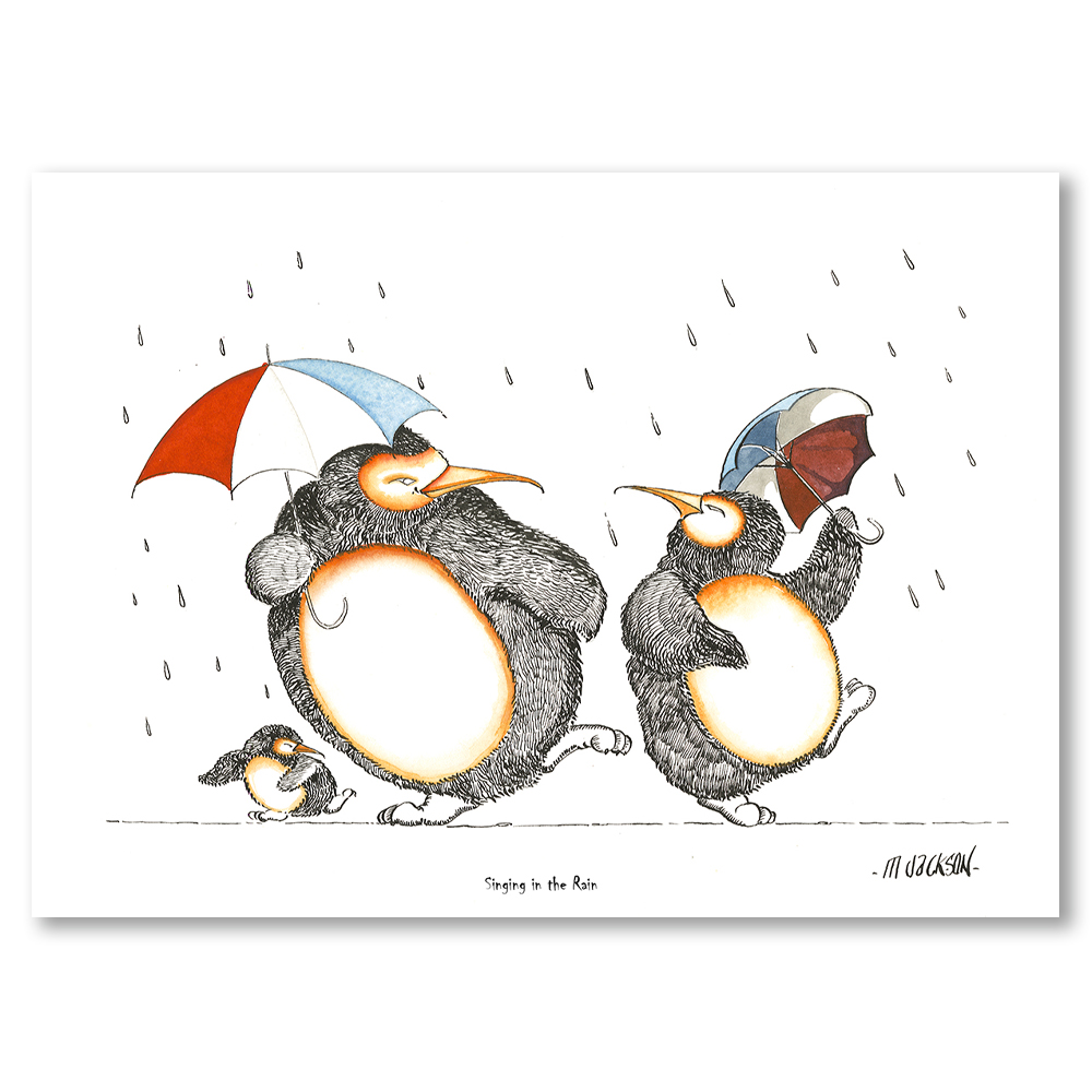Penguins-singing-in-the-rain-mike-jackson-art